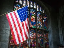 American flag and Church. 