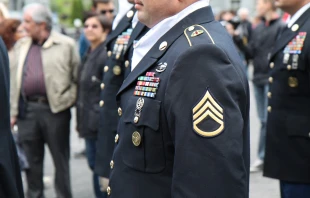 American soldiers at a military ceremony at the WWI War Memorial in Lourdes, France on May 16, 2015.   Elise Harris/CNA.