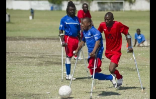 Amputee soccer players from Haiti known as Team Zaryen take part in a match in 2011.   Knights of Columbus.