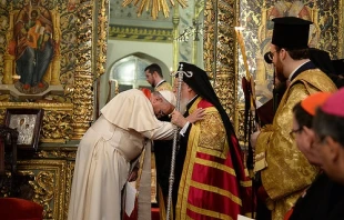 An exchange of brotherly greetings between Pope Francis and Ecumenical Patriarch Bartholomew at the conclusion of the Doxology service. Photo courtesy of John Mindala/Ecumenical Patriarchate.
