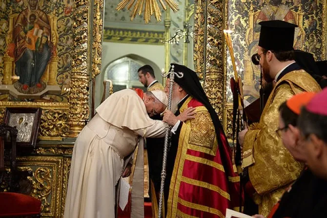 An exchange of brotherly greetings between Pope Francis and Ecumenical Patriarch Bartholomew at the conclusion of the Doxology service Photo courtesy of John Mindala CNA