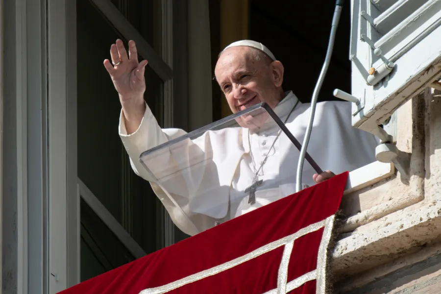 Pope Francis waves to pilgrims in St. Peter's Square at the Angelus on Oct. 26, 2020. ?w=200&h=150