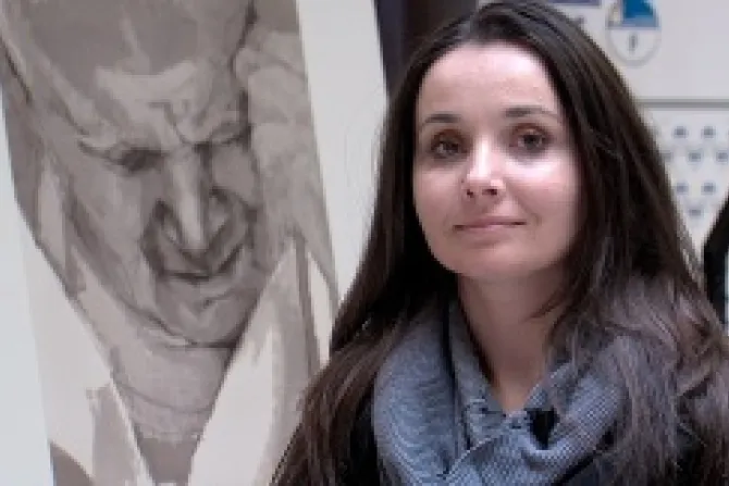 Anna Gulak with her drawing of Saint John Paul II on April 28 2014 Credit Andreas Dueren CNA CNA