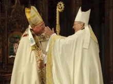 Archbishop Pietro Sambi greets Archbishop Timothy Dolan at a Vespers service the day before his installation in New York. Photo by James Keivom-POOL/Getty Images News/Getty Images