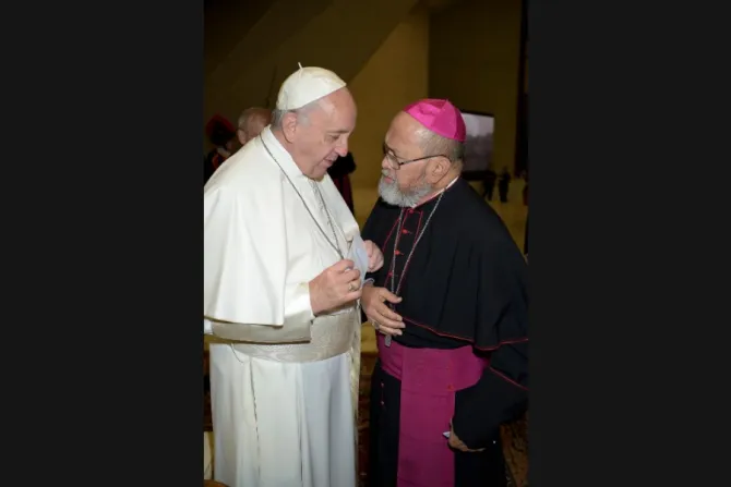 Archbishop Anthony Apuron greets Pope Francis Feb 7 2018 Credit Vatican Media CNA