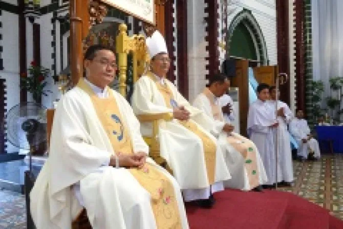 Archbishop Charles Bo SDB Center celebrating Mass in Yangon diocese in this undated file photo Credit Archdioce of Yangon CNA 1 21 14