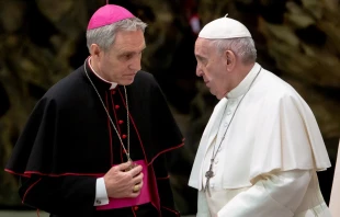 Archbishop Georg Ganswein speak to Pope Francis on Jan. 15, 2020.   Daniel Ibáñez/CNA.