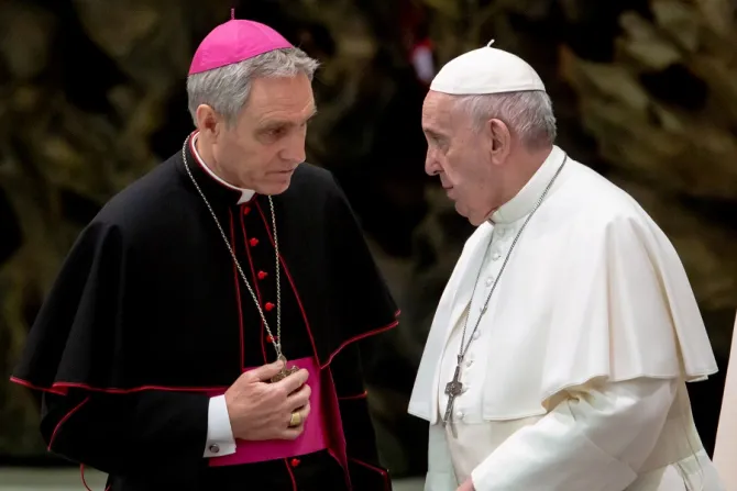 Archbishop Georg Ganswein speak to Pope Francis on Jan 15 2020 Credit Daniel Ibez CNA