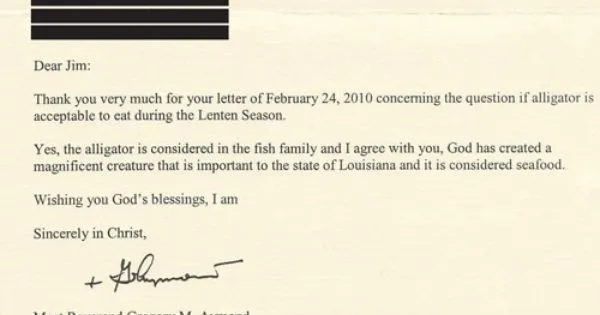 Archbishop Gregory Aymond's letter in response to a request to eat alligator on a Friday in Lent. ?w=200&h=150