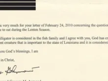 Archbishop Gregory Aymond's letter in response to a request to eat alligator on a Friday in Lent. 