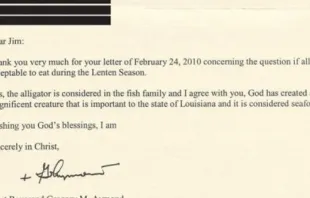 Archbishop Gregory Aymond's letter in response to a request to eat alligator on a Friday in Lent.   Archdiocese of New Orleans.
