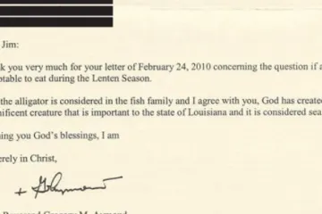 Archbishop Gregory Aymonds letter in response to a request to eat alligator on a Friday in Lent Credit Archdiocese of New Orleans 3 7 2018