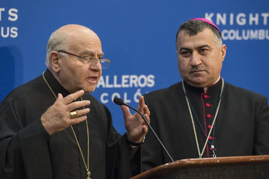 Jean-Clement Jeanbart, Melkite Archbishop of Aleppo, speaks at the KoC Conference in Philadelphia, while Bashar Warda, Chaldean Archbishop of Erbil, looks on, Aug. 4, 2015. ?w=200&h=150