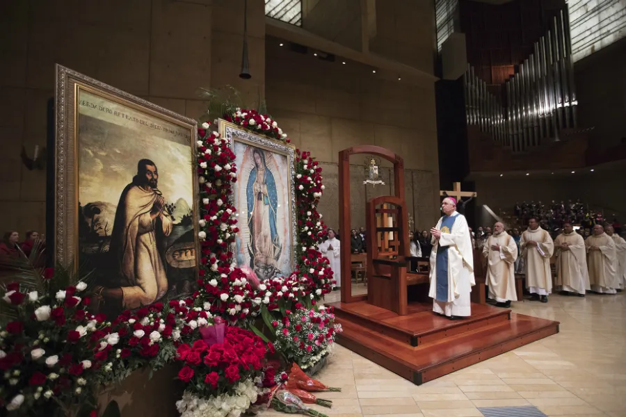 Archbishop Jose Gomez of Los Angeles venerates an image of Our Lady of Guadalupe while saying Mass at the Cathedral of Our Lady of the Angels, Dec. 12, 2017. ?w=200&h=150