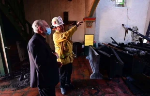 Archbishop Jose Gomez visits the scene of the fire at the San Gabriel mission, July 11, 2020.