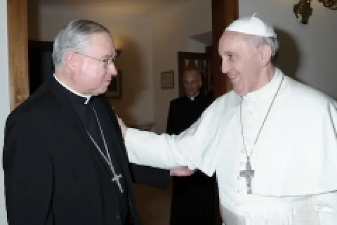 Archbishop Jose H Gomez meets with Pope Francis in St Marthas House Credit LOsservatore Romano CNA