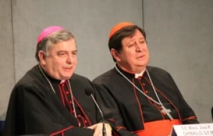 Archbishop Jose Rodriguez Carballo and Cardinal Joao Braz de Aviz speak with journalists during a Jan. 31, 2014 press conference   Marta Jimenez/CNA