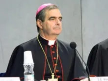 Archbishop Nikola Eterovic, Secretary General of the Synod of Bishops, speaks to the press in November 2010.