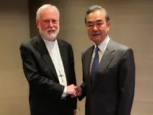 Archbishop Paul Gallagher, Secretary for Relations with States of the Holy See, meets with Wang Yi, China's foreign minister, in Munich, Feb. 14, 2020. 