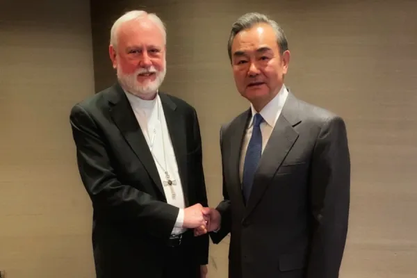 Archbishop Paul Gallagher, Secretary for Relations with States of the Holy See, meets with Wang Yi, China's foreign minister, in Munich, Feb. 14, 2020. / Vatican Media.