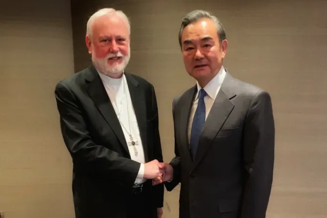 Archbishop Paul Gallagher Secretary for Relations with States of the Holy See meets with Wang Yi Chinas foreign minister in Munich Feb 14 2020 Credit Vatican Media