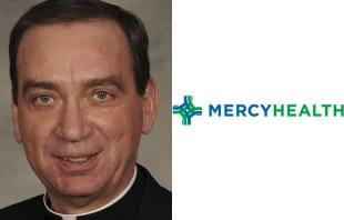 Archbishop Dennis Schnurr- CNA file photo. Mercy Health logo- public domain.