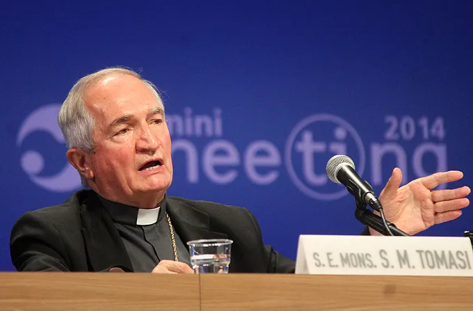 Archbishop Silvano Tomasi, Permanent Observer of the Holy See to the UN in Geneva, speaking Aug. 25, 2014. ?w=200&h=150