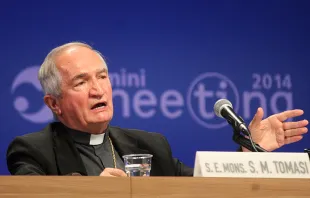 Archbishop Silvano Tomasi, Permanent Observer of the Holy See to the UN in Geneva, speaking Aug. 25, 2014.   Joaquin Piero Perez/CNA.