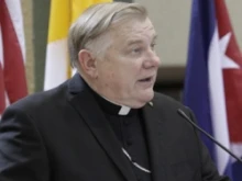 Archbishop Thomas Wenski speaks at a press conference on the upcoming visit to Cuba. Courtesy Archdiocese of Miami.