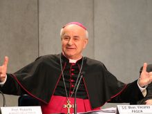 Archbishop Vincenzo Paglia, now President of the Pontifical Academy for Life, speaks at the Holy See press office, Feb. 4, 2015. 