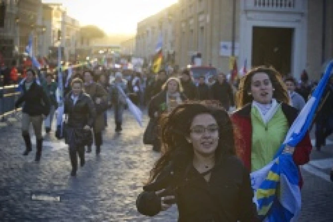 Argentinian pilgrims lead the rush into Saint Peters Square on the morning of Pope Francis March 19 2013 inauguration CreditJeffrey Bruno CNA