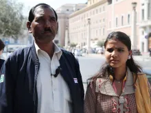 Ashiq Mesih and Eisham Ashiq, Asia Bibi's husband and daughter, speak to CNA in Rome, April 15, 2015. 