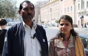 Ashiq Mesih and Eisham Ashiq, Asia Bibi's husband and daughter, speak to CNA in Rome, April 15, 2015.   Bohumil Petrik/CNA.