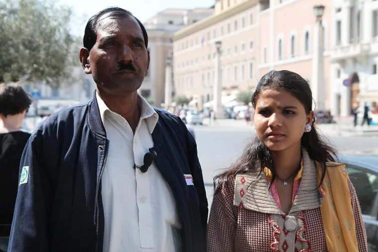 Ashiq Mesih and Eisham Ashiq, Asia Bibi's husband and daughter, speak to CNA in Rome, April 15, 2015. Credit: Bohumil Petrik/CNA.