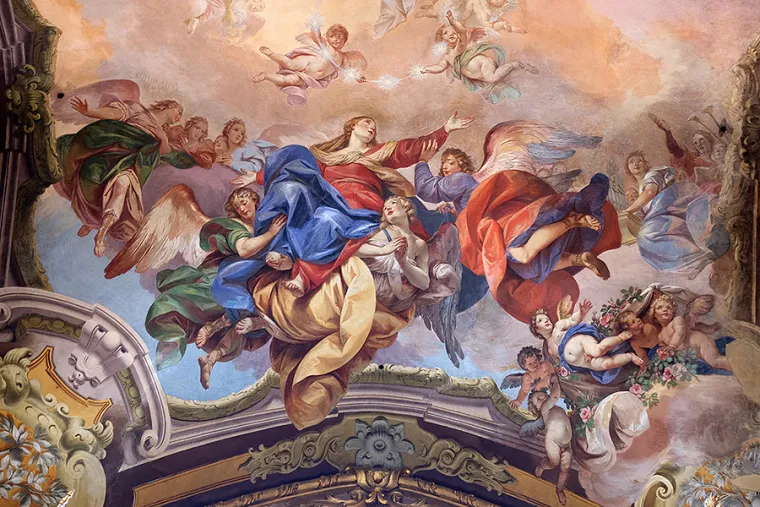 Assumption of the Virgin Mary, fresco painting in San Petronio Basilica in Bologna, Italy. Credit: Zvonimir Atletic / Shutterstock.