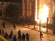 Chubut Police photo of the firebomb attack on the town hall of Trelew, Argentina. 