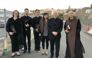 The Benedict XVI Institute's schola with Archbishop Salvatore Cordileone and Father Cassian outside San Quentin State Prison, Aug. 5, 2018. Photo courtesy of the Benedict XVI Institute.