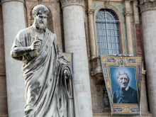 Banner of St. John Henry Newman on St. Peter's Basilica for his canonization Oct. 13, 2019. 