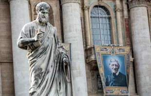 Banner of St. John Henry Newman on St. Peter's Basilica for his canonization Oct. 13, 2019.   Daniel Ibanez/CNA