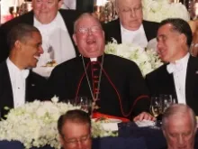 President Barack Obama, Cardinal Timothy Dolan and Republican presidential candidate Mitt Romney laugh at the Oct. 18, 2012 Al Smith Memorial Foundation Dinner. 