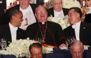President Barack Obama, Cardinal Timothy Dolan and Republican presidential candidate Mitt Romney laugh at the Oct. 18, 2012 Al Smith Memorial Foundation Dinner.   Mario Tama/Getty Images News/