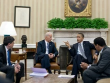 President Obama and Joe Biden meet with Budget Director Jack Lew and Rob Nabors, Director of Legislative Affairs on April 5. 