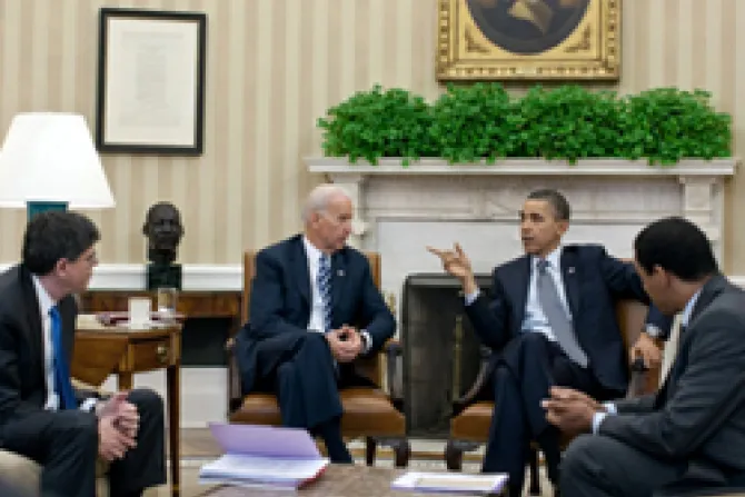 Barack Obama and Joe Biden meet with Office of Management and Budget Director Jack Lew and Rob Nabors Director of Legislative Affairs on 4 5 11 CNA US Catholic News 4 6 11