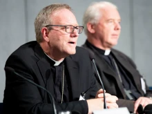 Bishop Robert Barron speaks at a briefing in the Holy See Press Office on Oct. 12. 