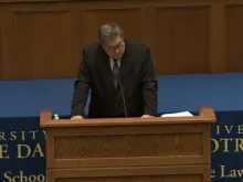 Attorney General William Barr at University of Notre Dame Law School, Friday October 11. Image from WNDU-TV South Bend.