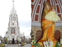 Basilica of St Mary in Bangalore (L) and a statue of the Virgin Mary inside the basilica traditionally dressed in an Indian Sari. 