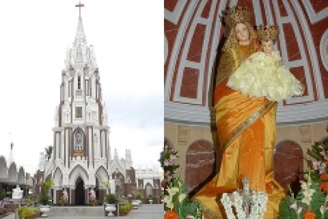 Basilica of St Mary in Bangalore L and a statue of the Virgin Mary inside the basilica traditionally dressed in an Indian Sari Credit St Marys Basilica Bangalore CNA 8 30 13