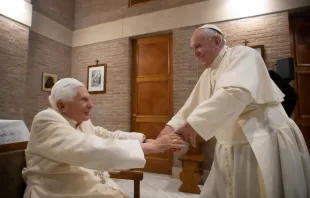 Pope Francis greets Pope emeritus Benedict XVI at the Vatican’s Mater Ecclesiae Monastery on Nov. 28, 2020. Credit: Vatican Media. null