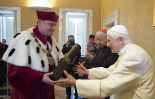 Benedict XVI receives honorary doctorate from the Pontifical University of John Paul II and the Academy of Music in Krakow. Pool photo.