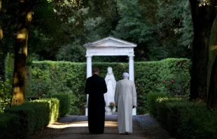 Archive photo of Benedict XVI in the papal gardens at Castel Gandolfo.   Public Domain.